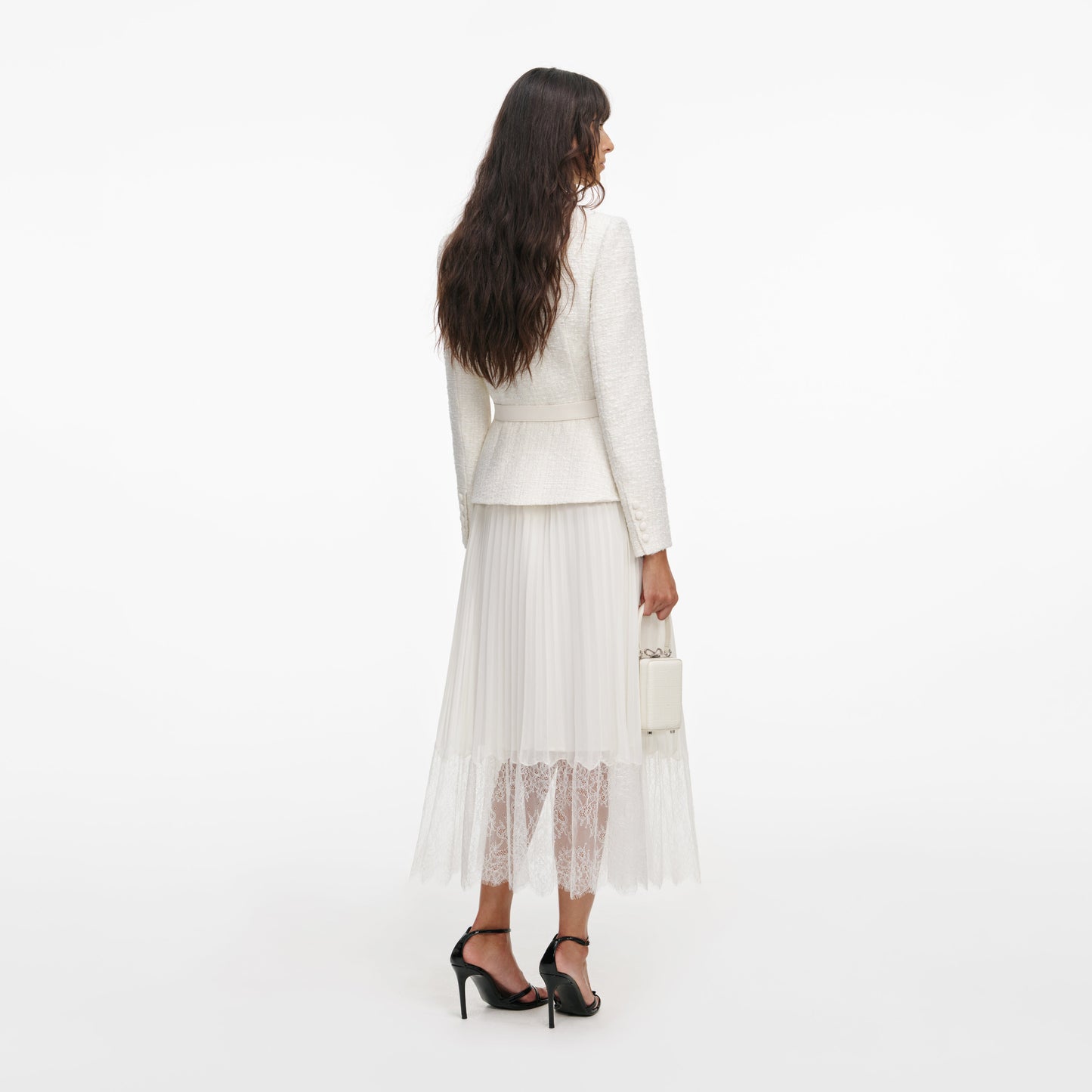 Cream Tailored Bouclé And Chiffon Midi Dress