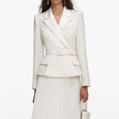 Cream Tailored Bouclé And Chiffon Midi Dress