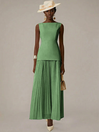 White A Line Chiffon Round Neck Sleeveless Floor Length Dresses