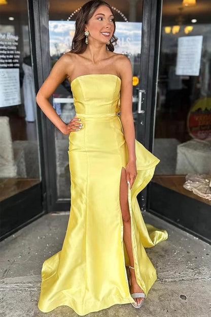 Satin Strapless Scoop Big Bow Mermaid Yellow Split Prom Dress