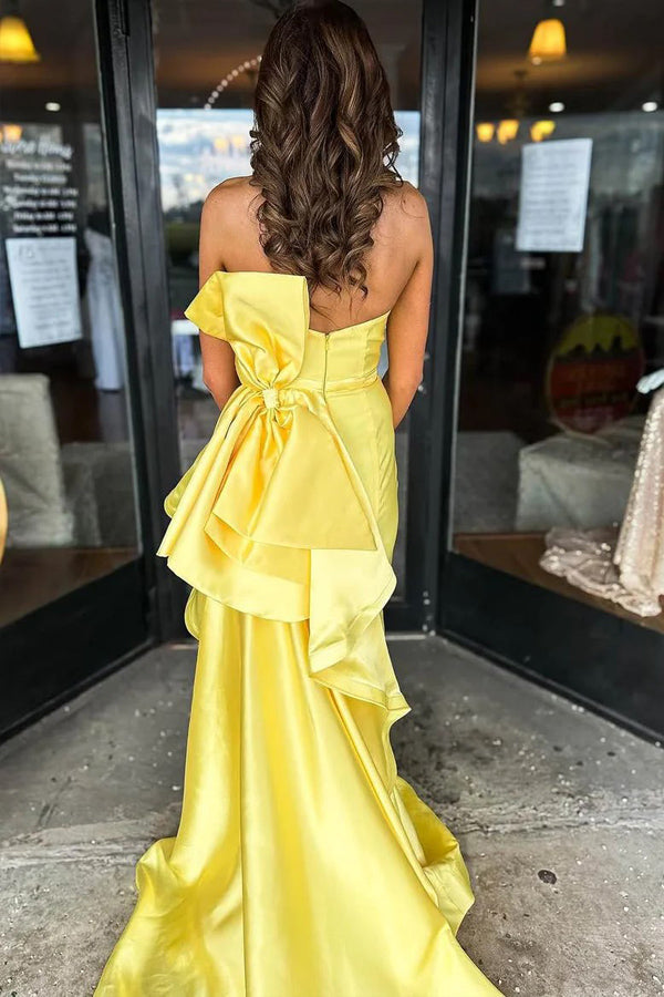 Satin Strapless Scoop Big Bow Mermaid Yellow Split Prom Dress