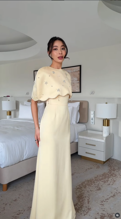 Yellow Beaded Shawl Sleeveless Mermaid Floor-Length Evening Dress