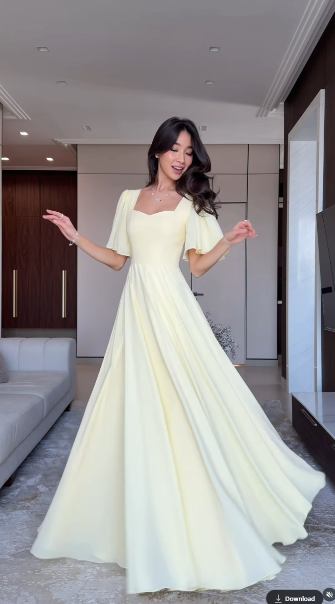Yellow Square Neck Half Sleeve A-Line Floor-Length Evening Dress