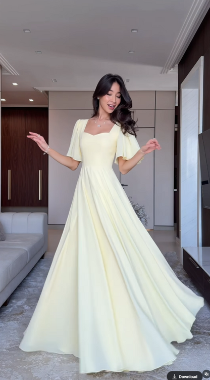 Yellow Square Neck Half Sleeve A-Line Floor-Length Evening Dress