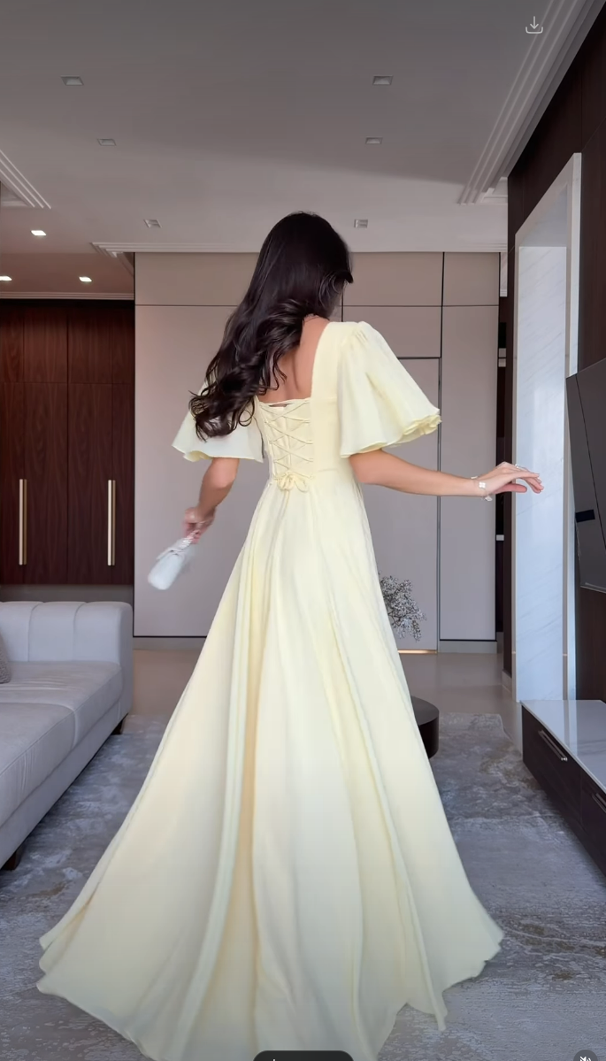 Yellow Square Neck Half Sleeve A-Line Floor-Length Evening Dress