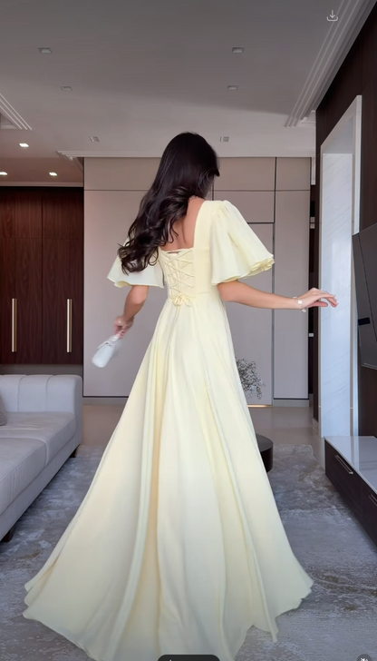 Yellow Square Neck Half Sleeve A-Line Floor-Length Evening Dress
