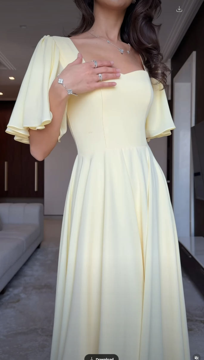 Yellow Square Neck Half Sleeve A-Line Floor-Length Evening Dress