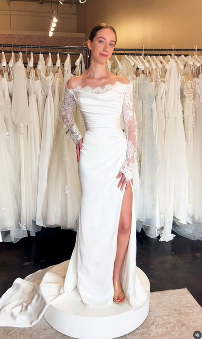 Lace Off the Shoulder Long Sleeve Mermaid Side Slit Wedding Dress