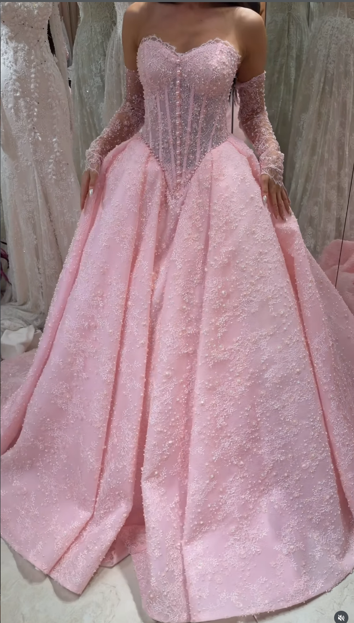 Pink Sweetheart Long Sleeve Lace A-Line Floor-Length Wedding Dress