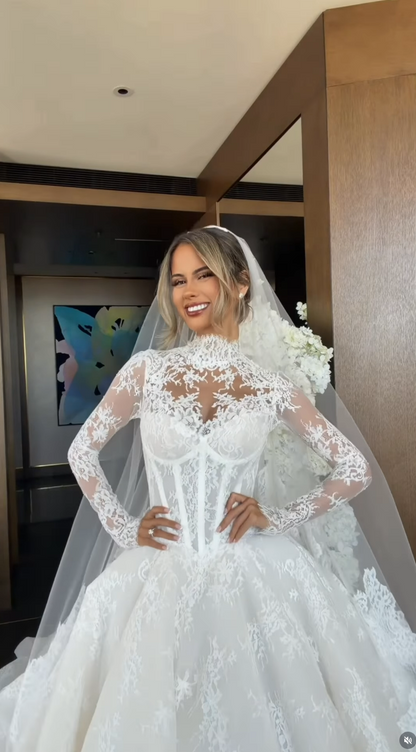 Lace High Neck Long Sleeve A-Line Floor-Length Wedding Dress