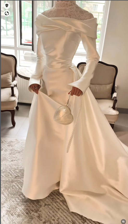 Lace Long Sleeve A-Line Court Train Floor-Length Wedding Dress