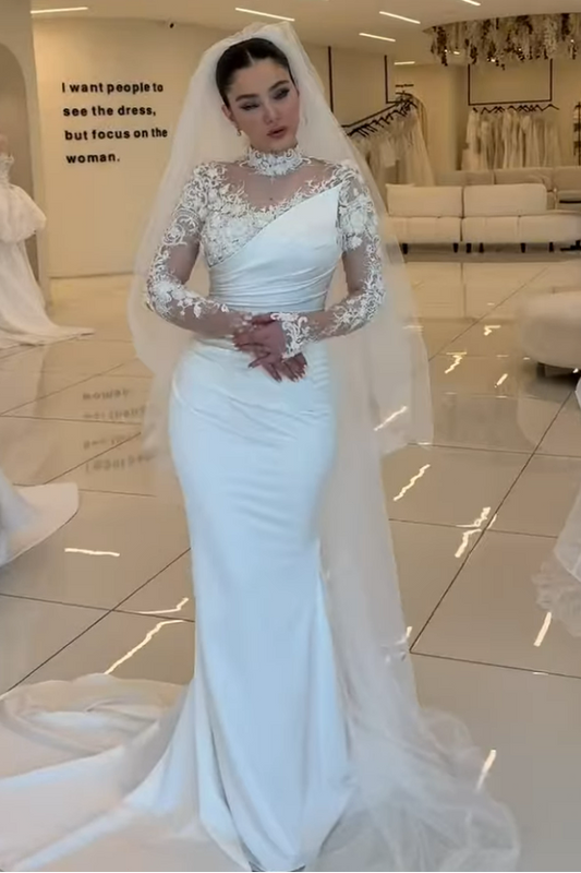 Lace Applique High Neck Long Sleeve Mermaid Wedding Dress