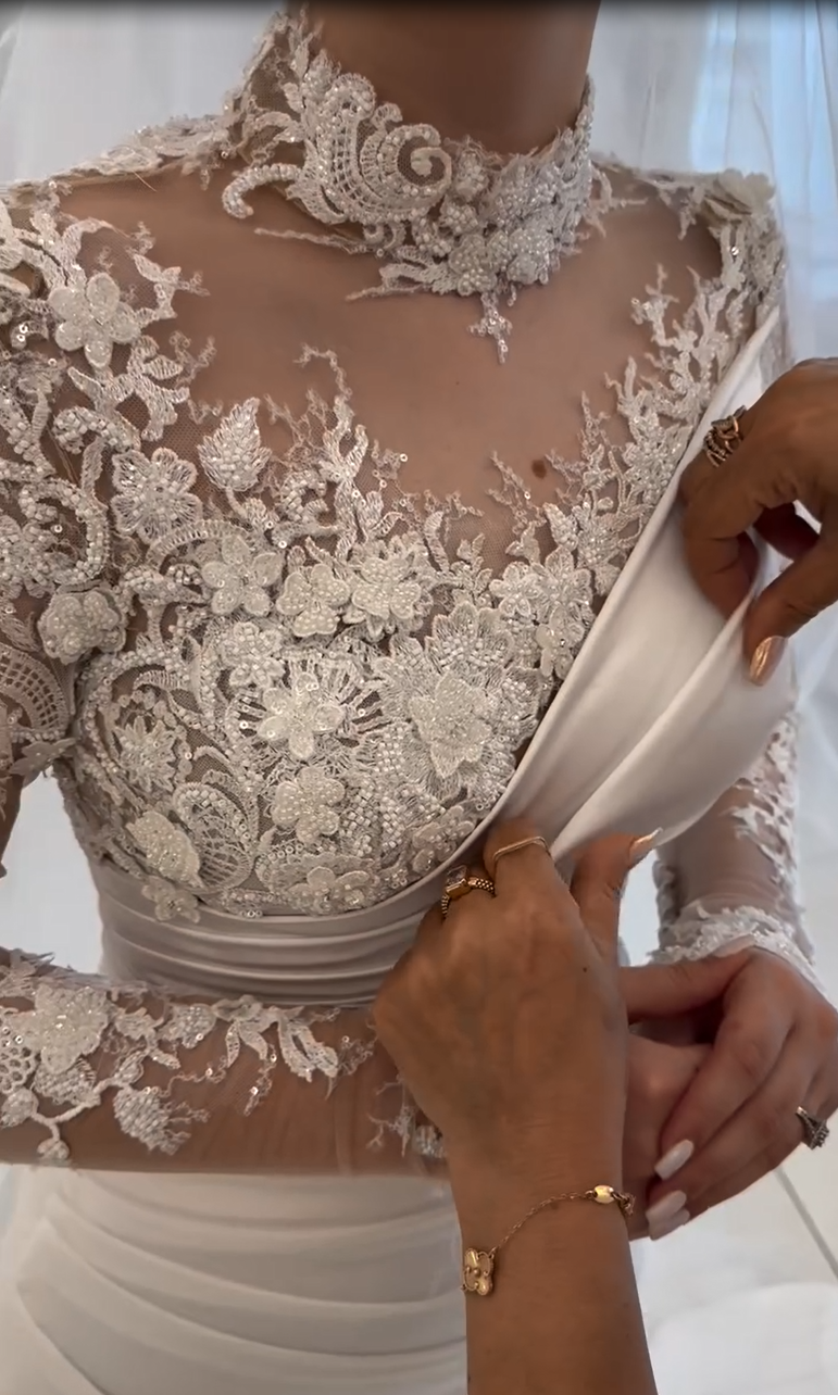 Lace Applique High Neck Long Sleeve Mermaid Wedding Dress