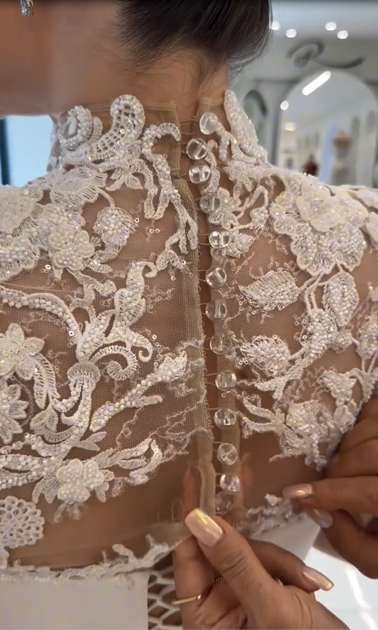 Lace Applique High Neck Long Sleeve Mermaid Wedding Dress