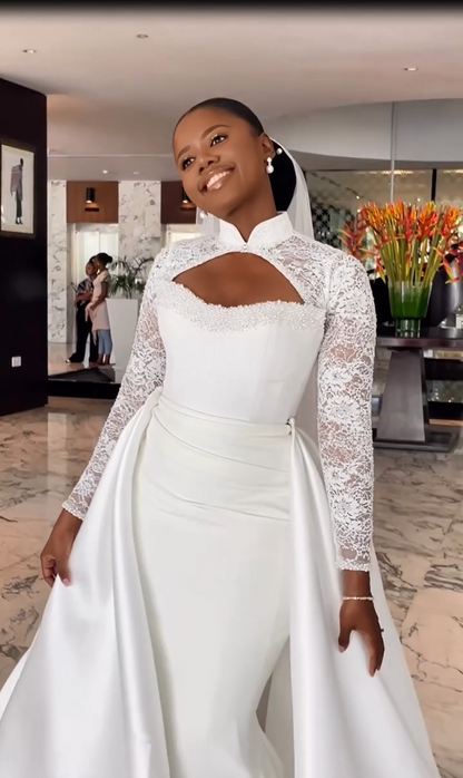 Lace Long Sleeve Mermaid Court Train Cutout Floor-Length Wedding Dress