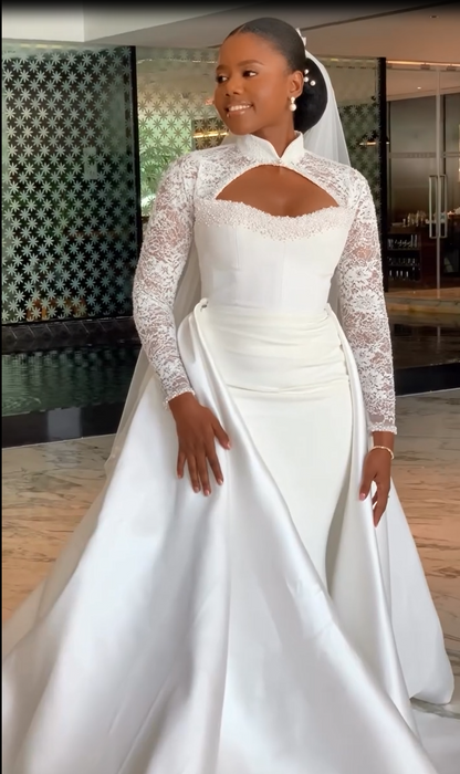 Lace Long Sleeve Mermaid Court Train Cutout Floor-Length Wedding Dress