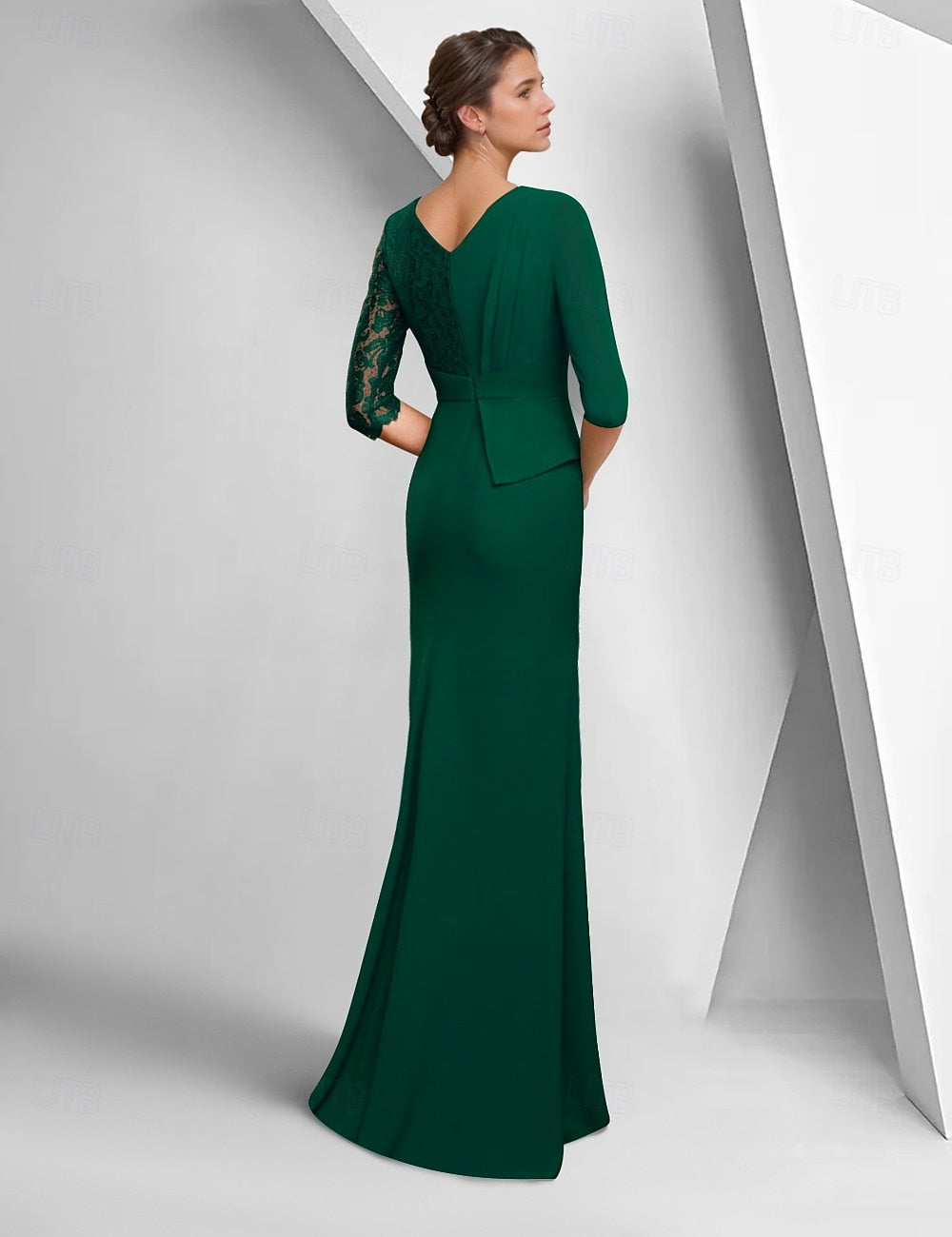 V-Neck 3/4 Sleeve Lace Mermaid Formal Wmen Evening Dress