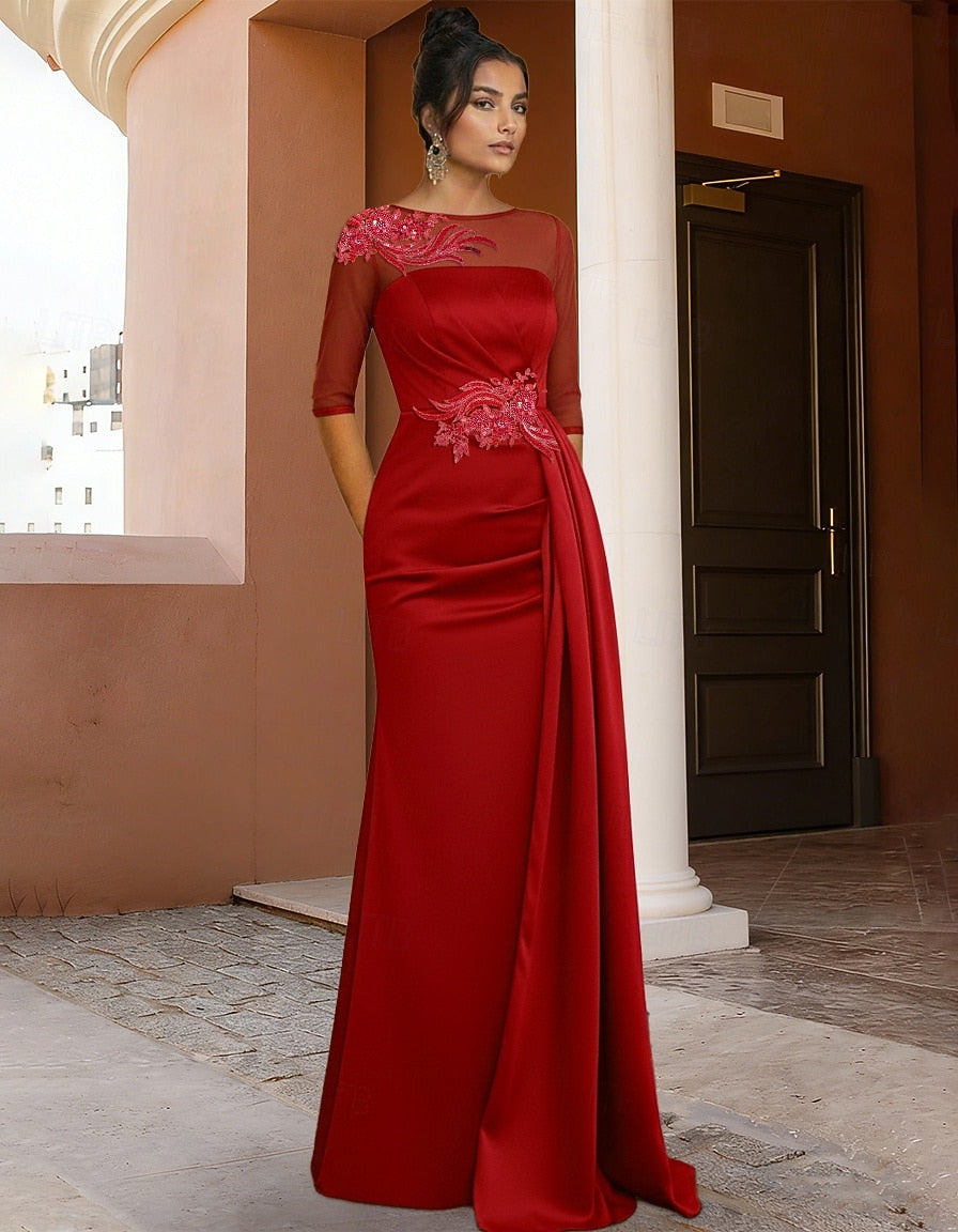 O-Neck Half Sleeve Applique Sparkle Mermaid Formal Evening Dress