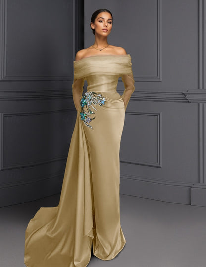 Applique Sparkle Off the Shoulder Long Sleeve Mermaid Evening Dress