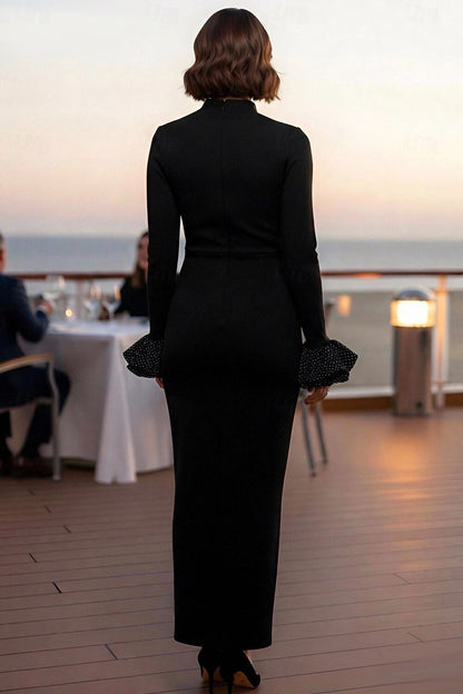Black High Neck Long Sleeve Mermaid Ankle-Length Evening Dress