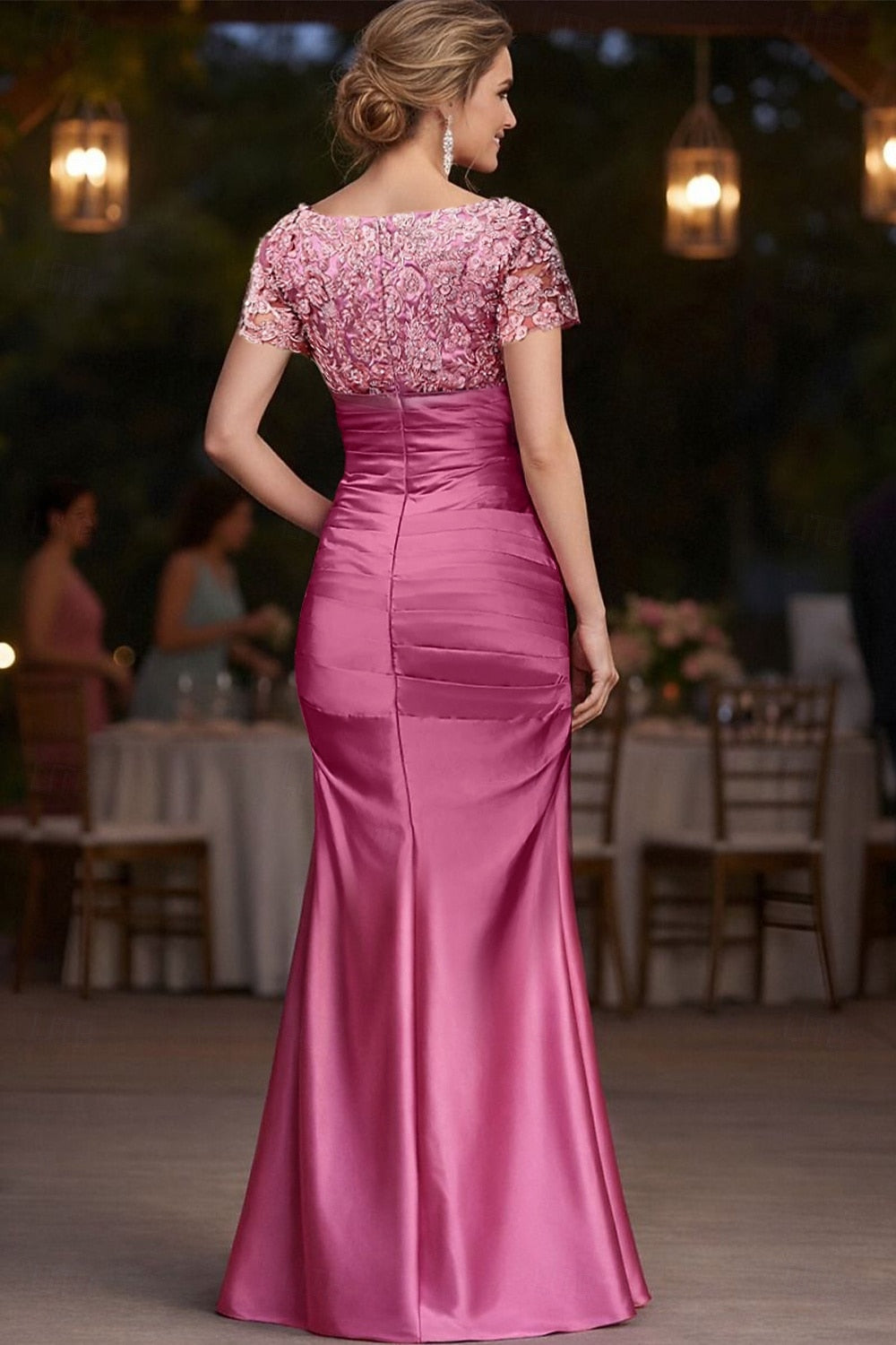 V-Neck Applique Half Sleeve Mermaid Women Evening Dress