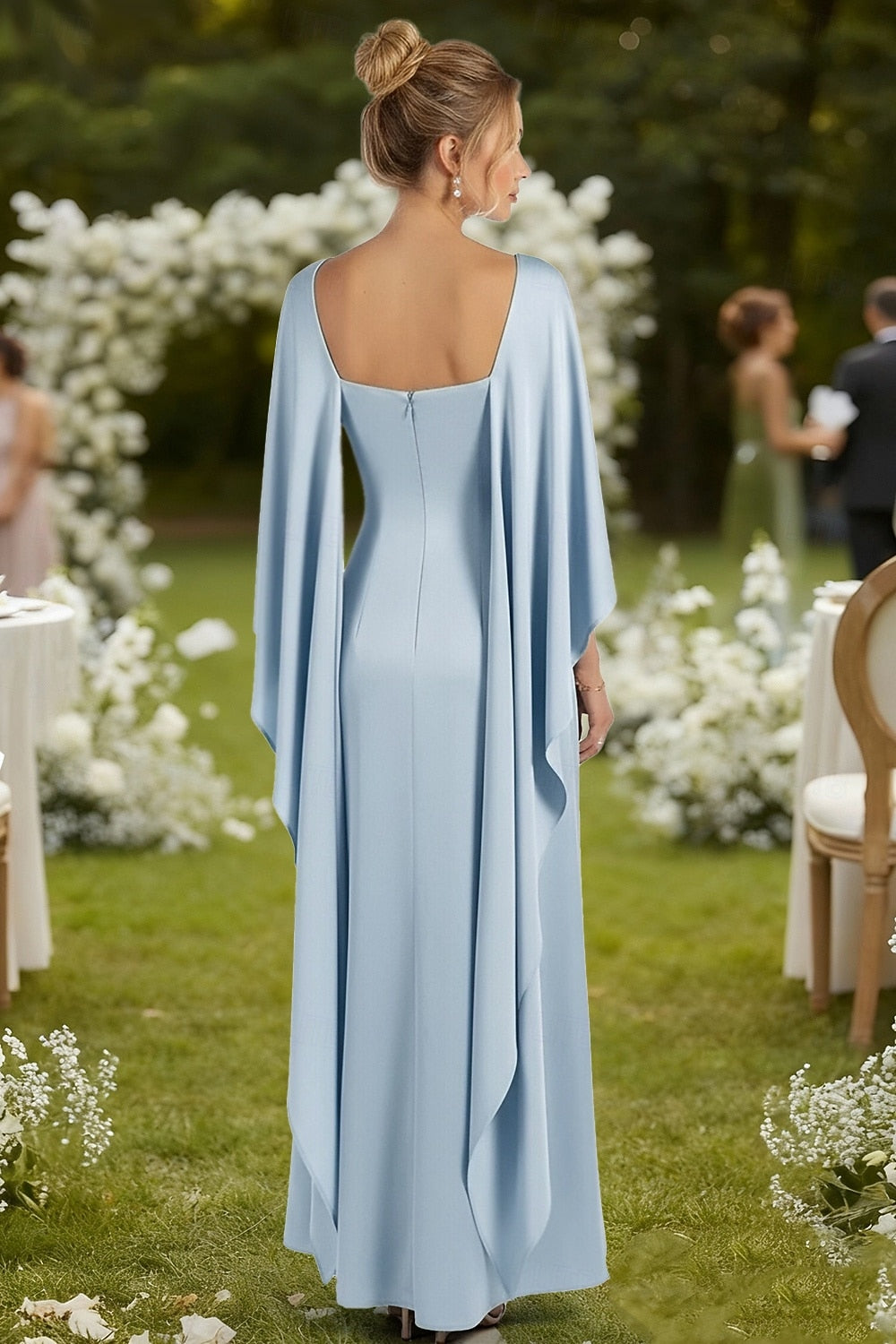 Blue Backless Cape Sleeve Mermaid Ruffle Formal Evening Dress