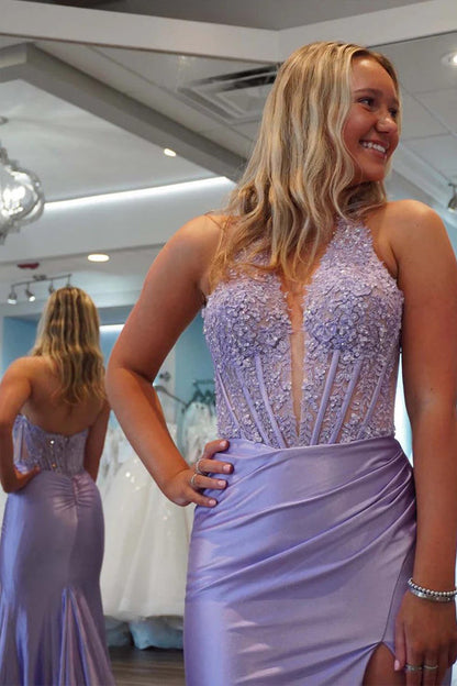 Sheath Deep V-neck Lavender Long Prom Dress With Split
