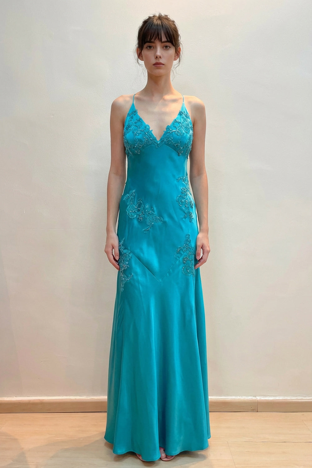 Sheath V-Neck Appliques Satin Green Prom Dress With Open Back