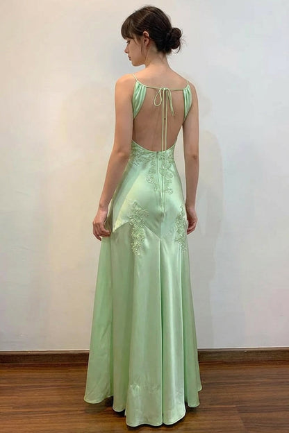 Sheath V-Neck Appliques Satin Green Prom Dress With Open Back
