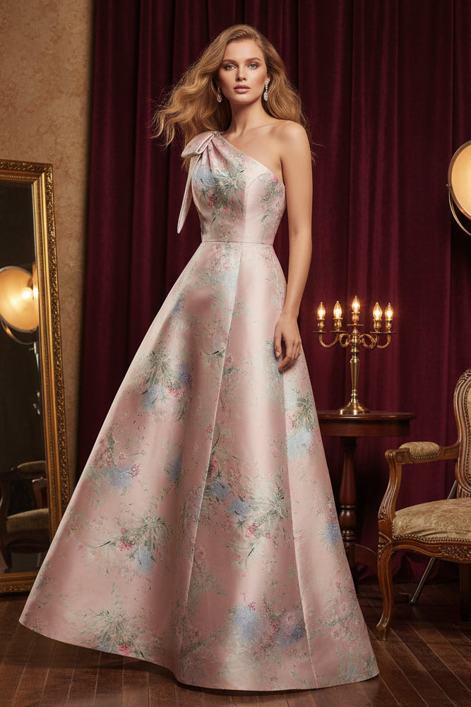 One Shoulder Sleeveless Bow Flowers Floral Print A-Line Prom Dress