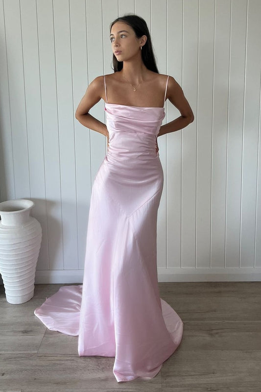 Simple A Line Spaghetti Straps Light Pink Long Prom Dress with Ruched
