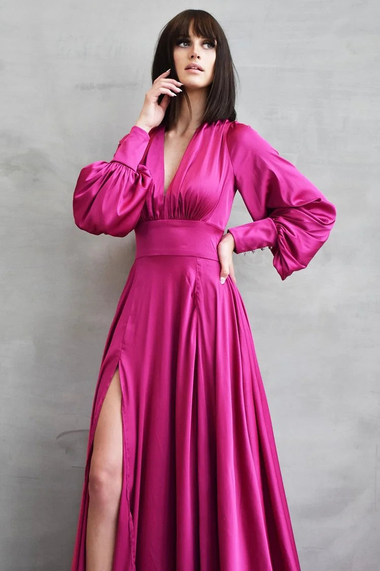 V-Neck Long Sleeve A-Line Side Slit Floor-Length Evening Dress