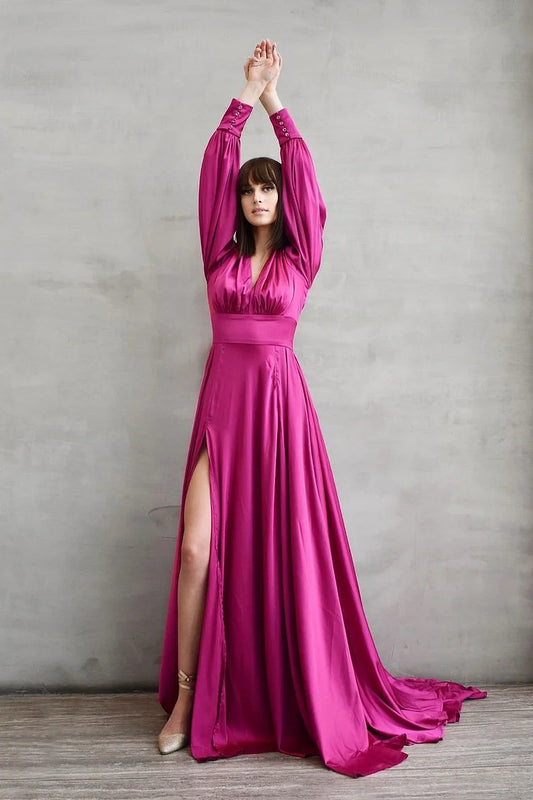 V-Neck Long Sleeve A-Line Side Slit Floor-Length Evening Dress