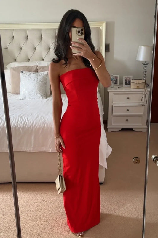 Simple Sheath Strapless Red Long Party Dress with Slit Back