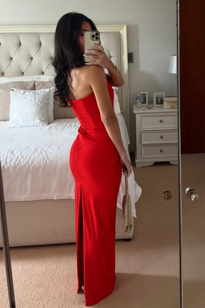 Simple Sheath Strapless Red Long Party Dress with Slit Back