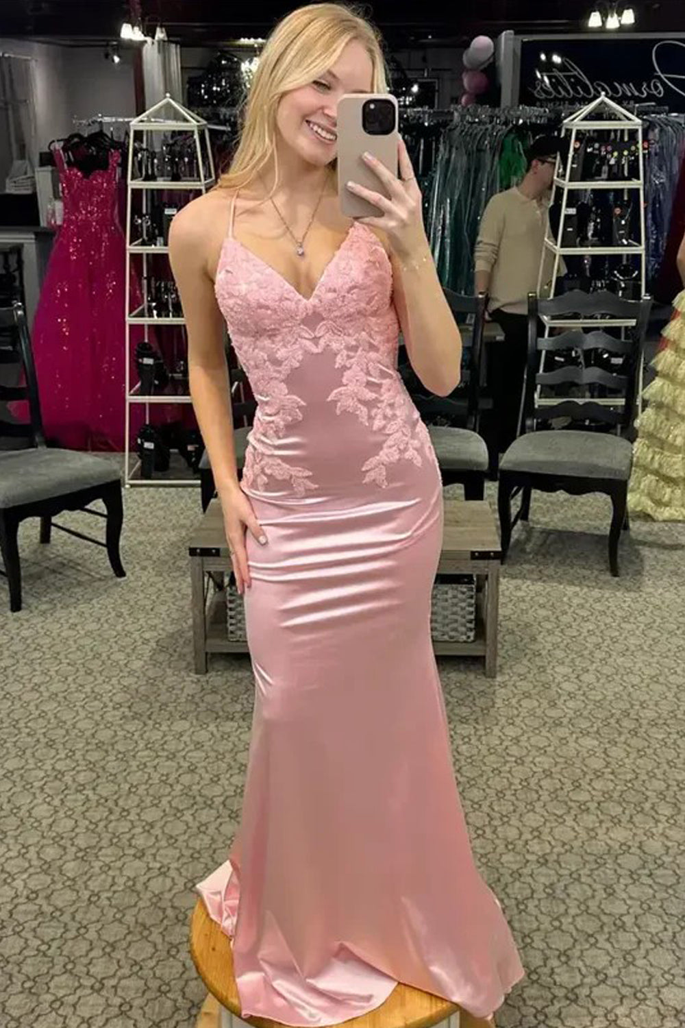 Spaghetti Straps V-Neck Lace Appliques Mermaid Pink Prom Dress