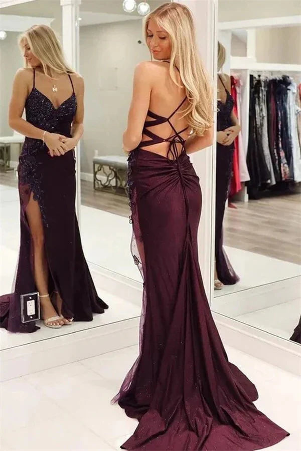 Sparkly Mermaid V-Neck Spaghetti-Strap Lace-Up Back Beaded High-Slit Prom Dress