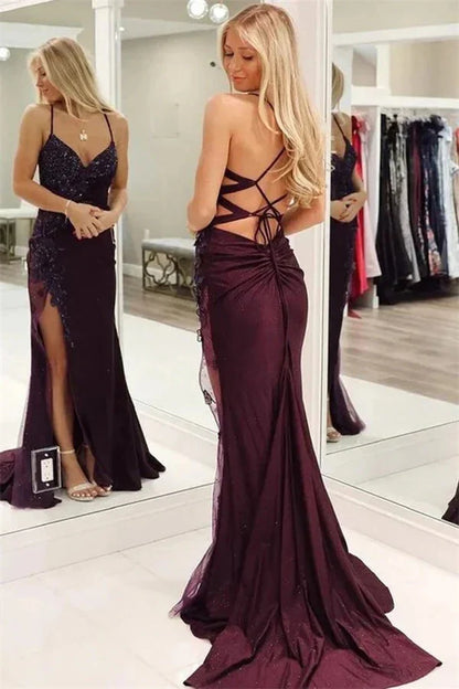 Sparkly Mermaid V-Neck Spaghetti-Strap Lace-Up Back Beaded High-Slit Prom Dress