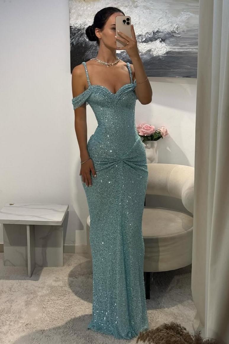Sparkly Aqua Blue Off-Shoulder Long Beaded Prom Gown with Slender Stra – VOAND