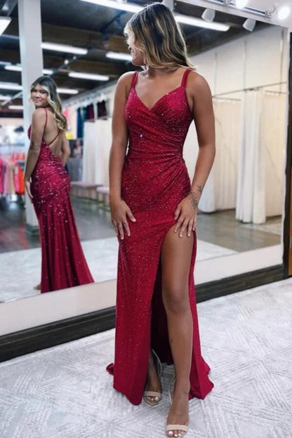 Sparkly Dark Red V Neck Sequins Long Prom Dress with Slit