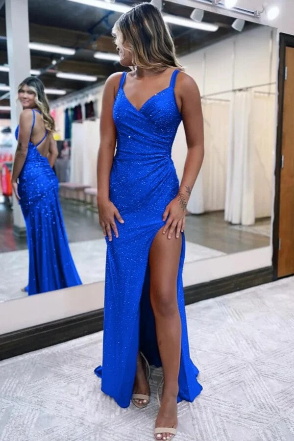 Sparkly Dark Red V Neck Sequins Long Prom Dress with Slit
