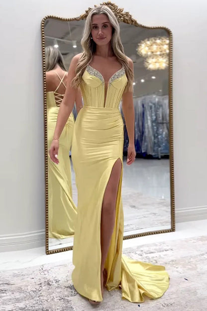 Sparkly Mermaid Beaded Corset Ruched Satin Yellow Prom Dress