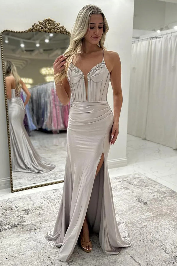 Sparkly Mermaid Beaded Corset Ruched Satin Yellow Prom Dress