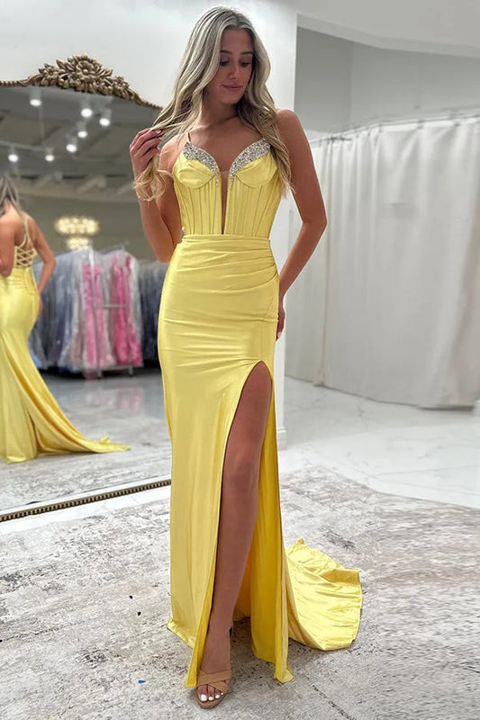 Sparkly Mermaid Beaded Corset Ruched Satin Yellow Prom Dress