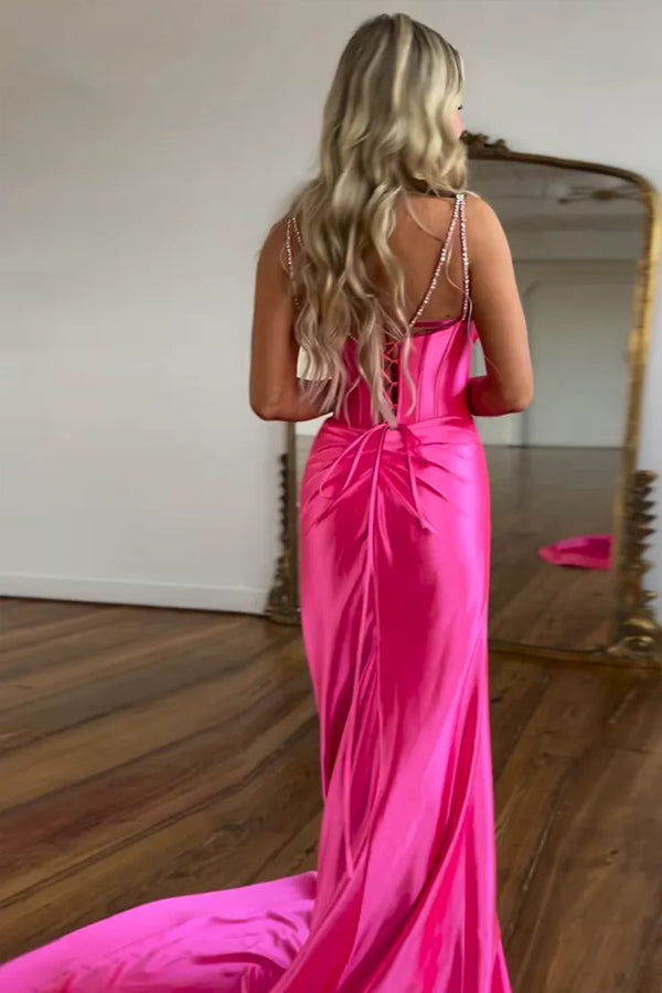 Sparkly Mermaid Beaded Corset Ruched Satin Yellow Prom Dress