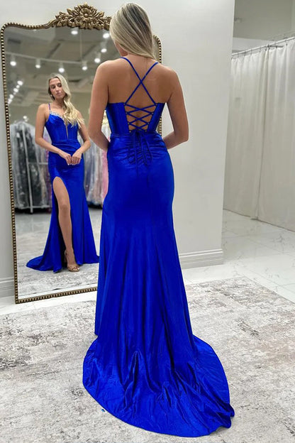 Sparkly Mermaid Beaded Corset Ruched Satin Yellow Prom Dress