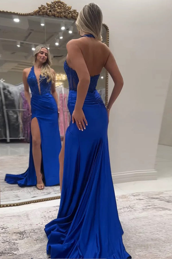 Sparkly Mermaid Halter V-Neck Royal Blue Long Prom Dress