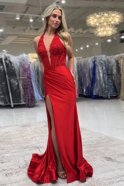 Sparkly Mermaid Halter V-Neck Royal Blue Long Prom Dress