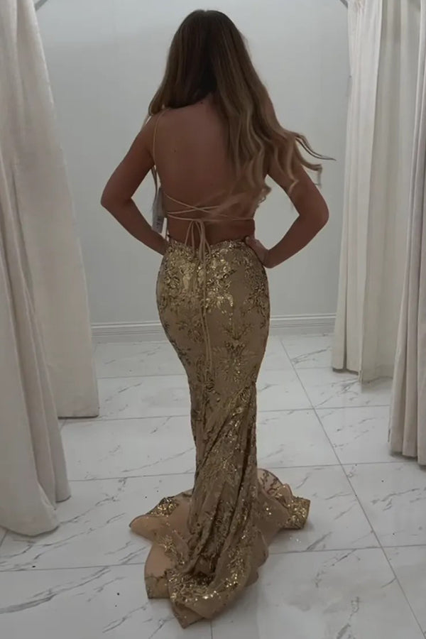 Sparkly Mermaid Spaghetti Straps Blue Prom Dress with Sequined