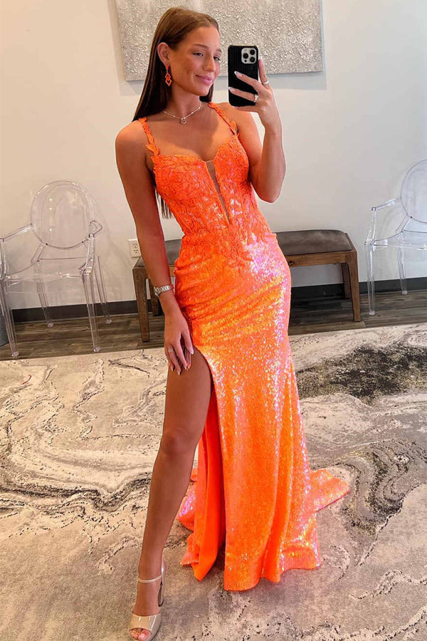 Sparkly Straps Orange Sequin Long Prom Dress with Appliques